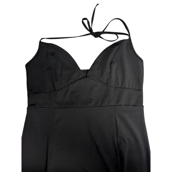 Black Halter Midi Dress With Adjustable Tie Back & Deep V-Neckline 95% Polyester - Picture 10 of 10